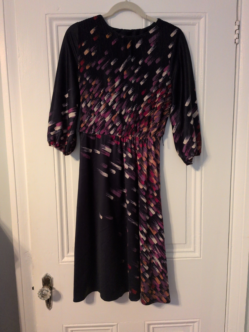 Vintage Eggplant Patterned Midi Dress with Pink & Purple Accents Paper Tag